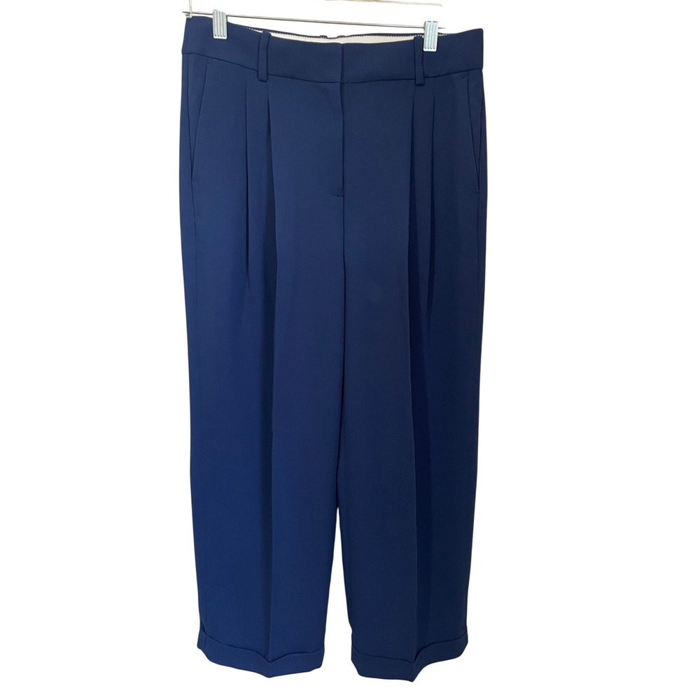 J.Crew Essential Wide Leg Pant City Crepe Blue Pleated Cuffed Trousers Size 6